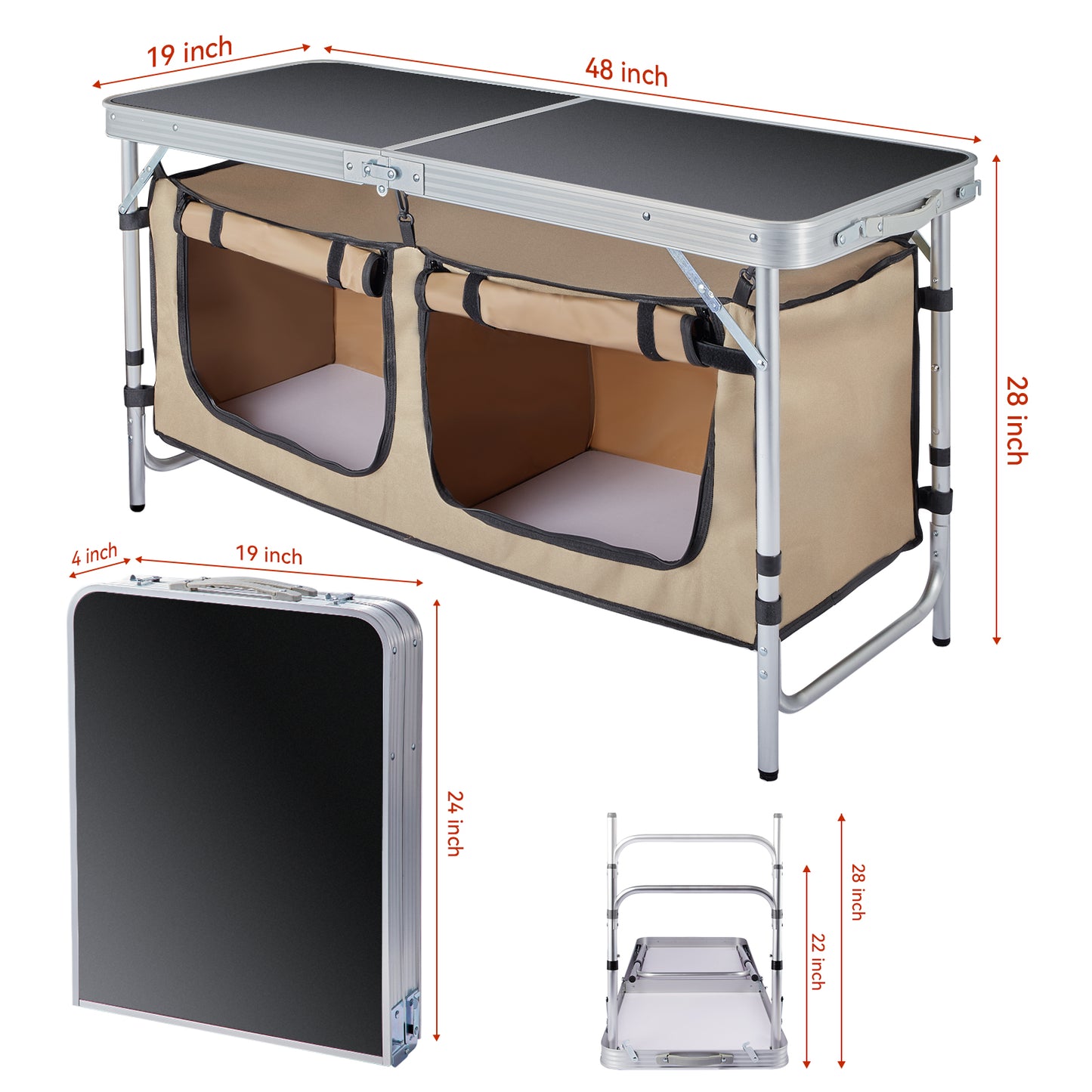Vecukty Portable Camping Table Set - Aluminum Kitchen Station w/ Storage, Adjustable Feet & Trash Can, brown