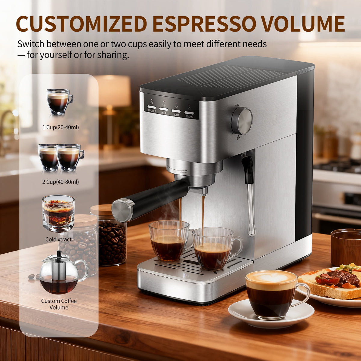 Espresso Machine 15 Bar, Milk Frother Steam Wand for Authentic Single & Double Espresso, Lattes & Cappuccinos with 47oz Removable Water Tank for Home Office Kitchen