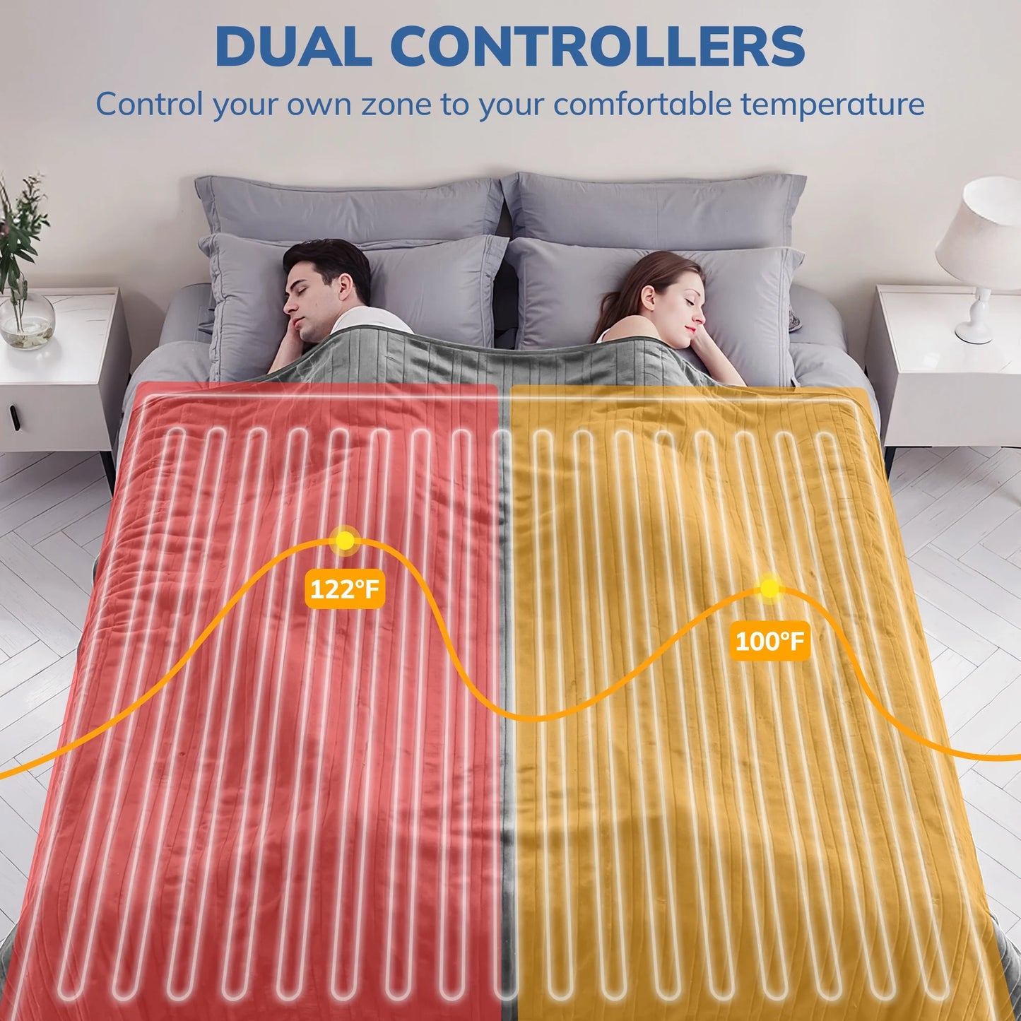 Keenstone Double-sided Flannel Electric Heated Blanket King Size Dual Control, 90"x100" Machine Washable Fast Heating Blanket with 6 Heating Levels &10 Hours Auto Off, Gray