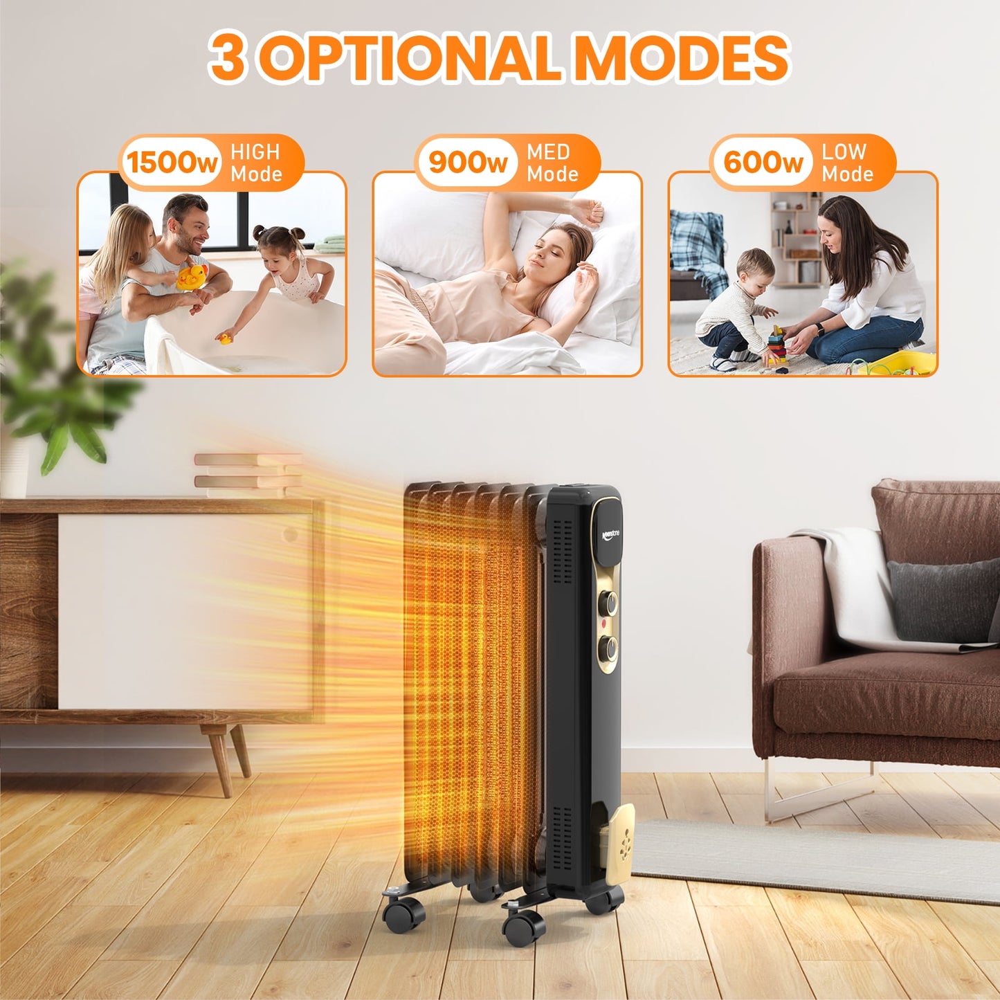 VECUKTY Oil Filled Radiator Heater, 1500W Portable Electric Space Heater, Adjustable Thermostat, 3 Heat Settings,Tip Overheat Protection Quiet Working, Black