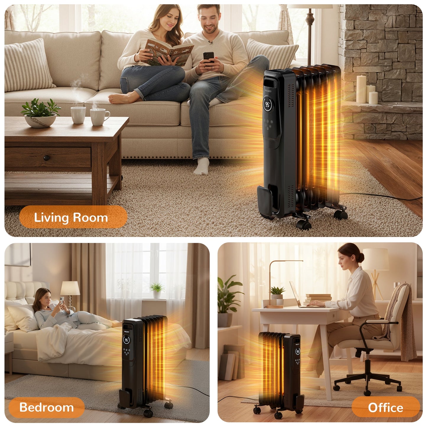 VECUKTY 1500W Oil Radiator Heater, Electric Oil Filled Space Heater Radiator with Remote Control,Child Lock,3 Modes,Overheat & Tip-Over Protection，24h Timer Digital Thermostat,Black