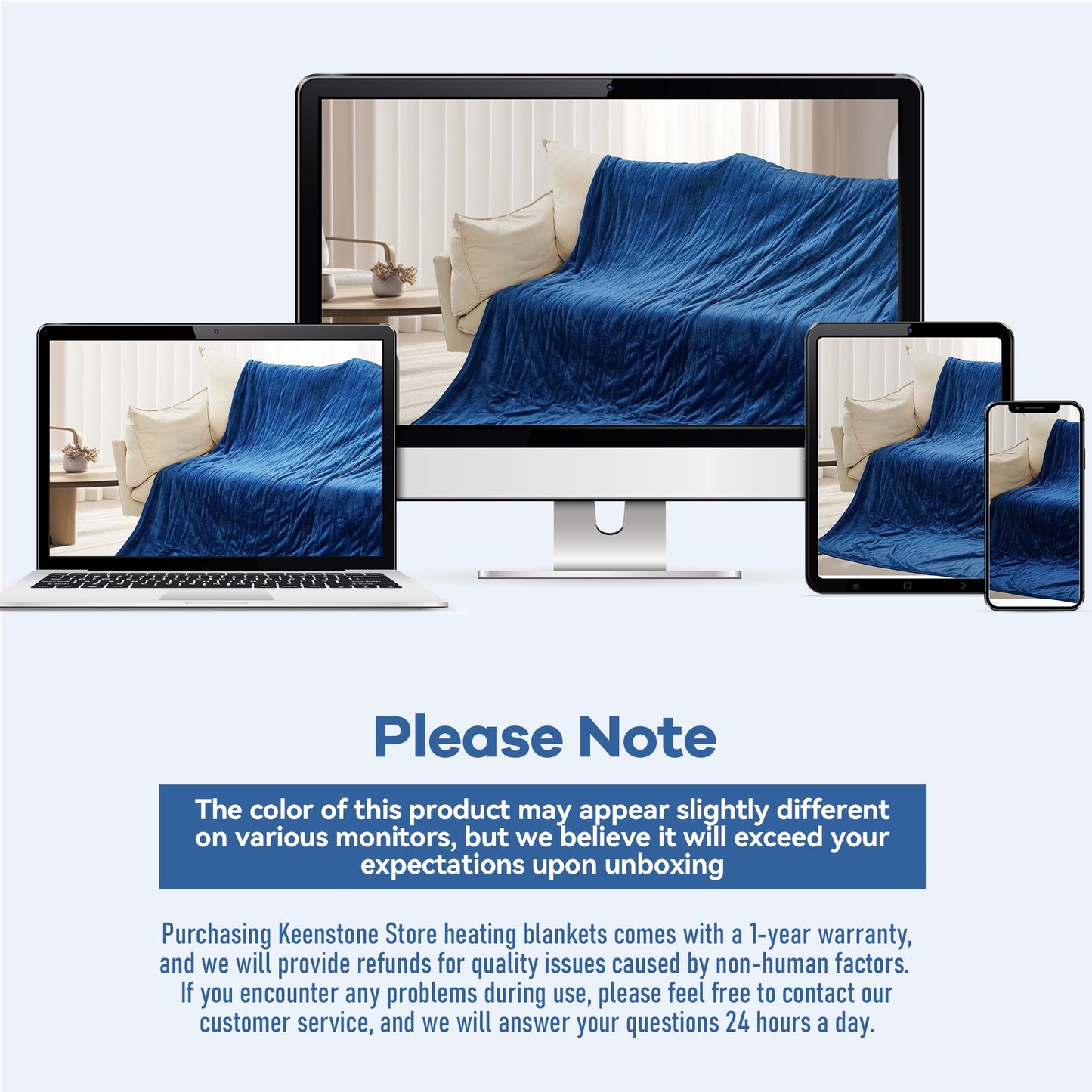 Keenstone Double-sided Flannel Electric Heated Blanket Queen Size Dual Control, 84"x90" Machine Washable Fast Heating Blanket with 6 Heating Levels &10 Hours Auto Off,Blue