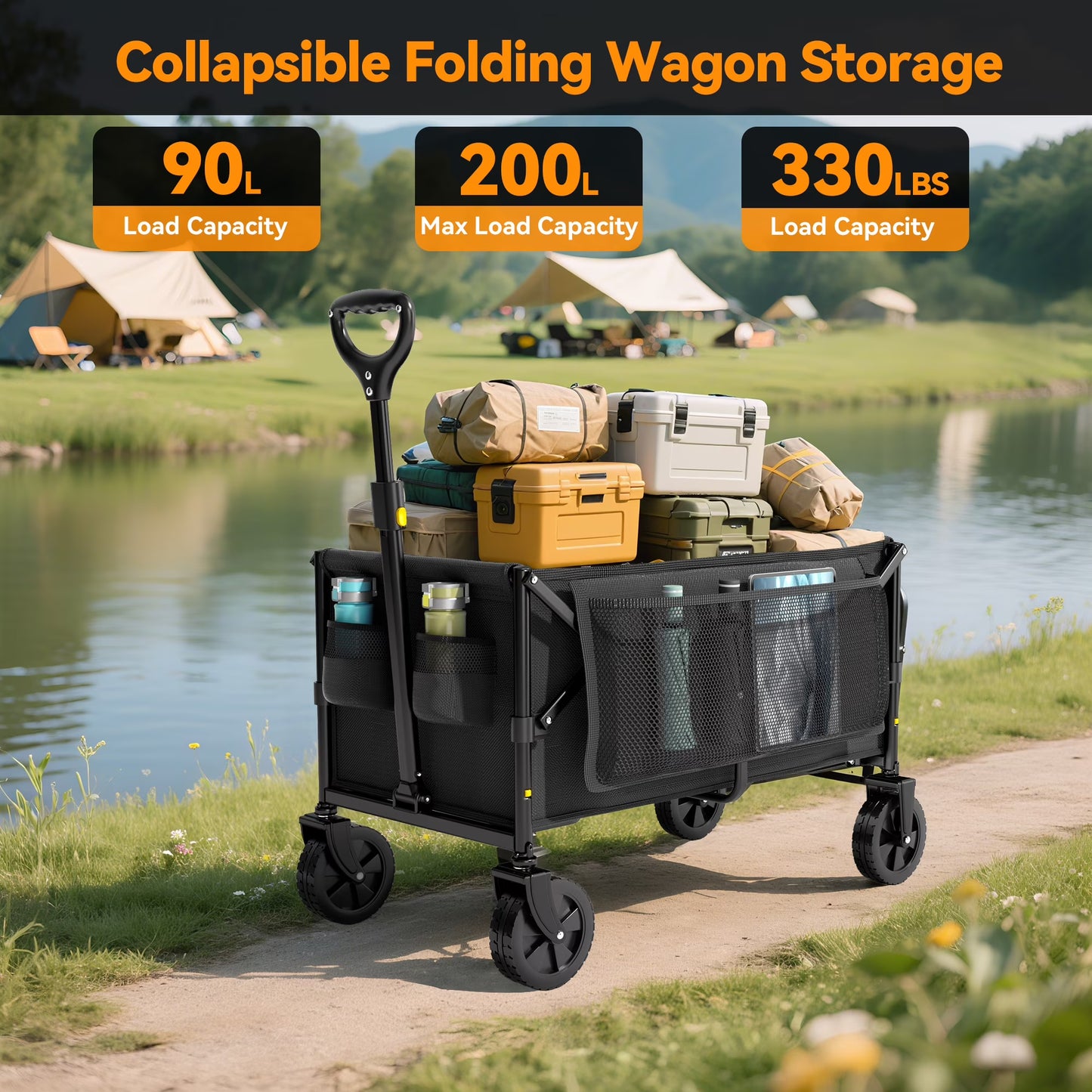 Vecukty Collapsible Folding Wagon,Portable Utility Wagon Cart for Outdoor Camping, Shopping, Sports, Grocery, Kids, Black