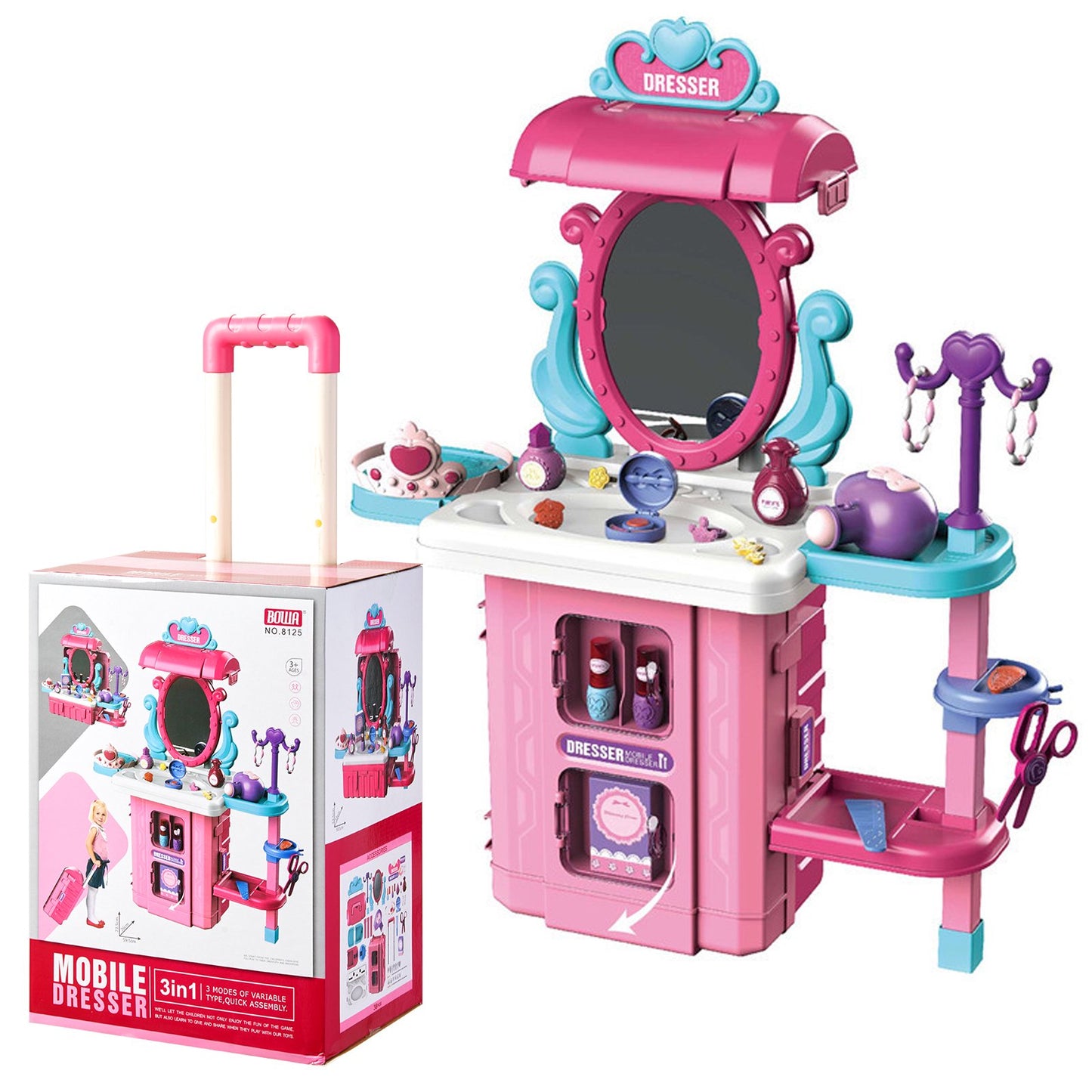 Vecukty 39Pcs Pretend Makeup Play Set, Kids Vanity with Mirror and Beauty Accessories, Princess Dresser Role Play Toy, Fashion Christmas Birthday Gift