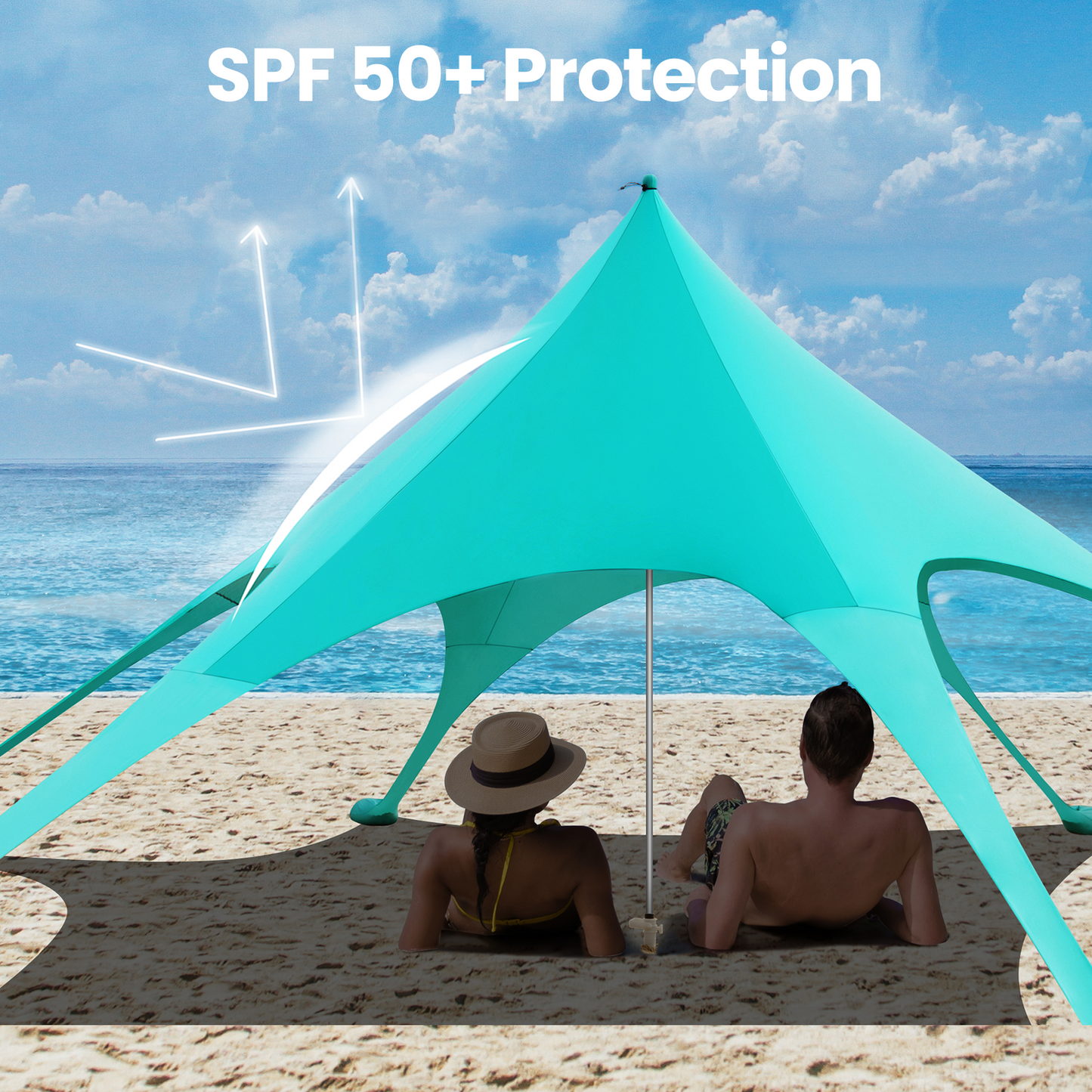 Beach Canopy Tent Sun Shade, VECUKTY 12x12 FT Beach Tent Sun Shelter UPF 50+ UV Protection with Sandbags , 1 Stability Poles and Ground Pegs and Anti-Wind Ropes,Turquoise