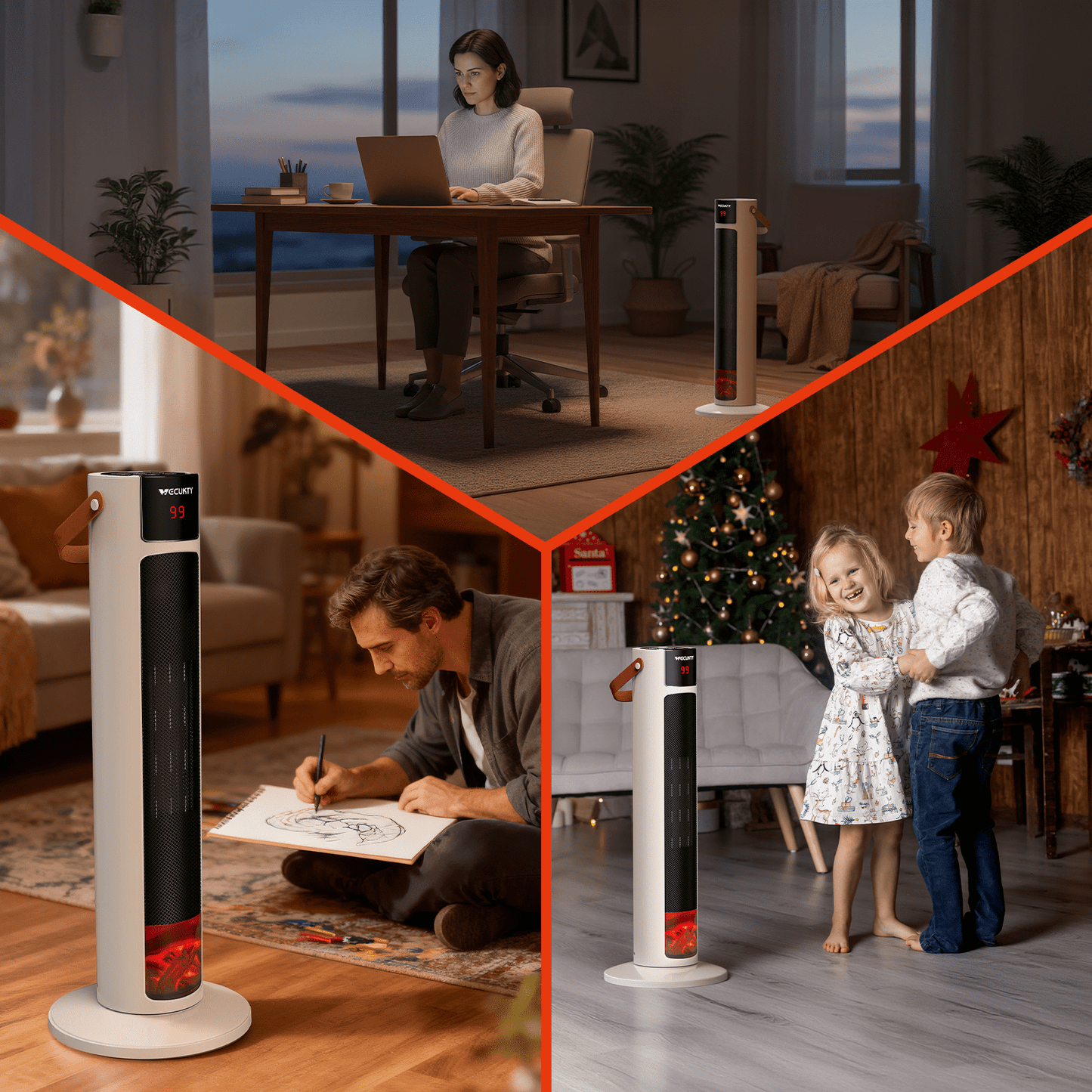 VECUKTY 26" Tower Space Heater with 3D Flame, 1500W Portable Electric Tower Electric Heater, 60 °Oscillation, 9H Timer,Remote Control for Indoor Bedroom Office Home