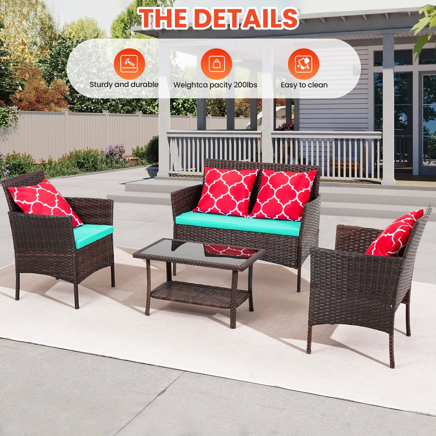 Brefac 4 PCS Patio Furniture Set with Throw Pillows Upholstered Sofa Table for Patio Backyard,Turquoise