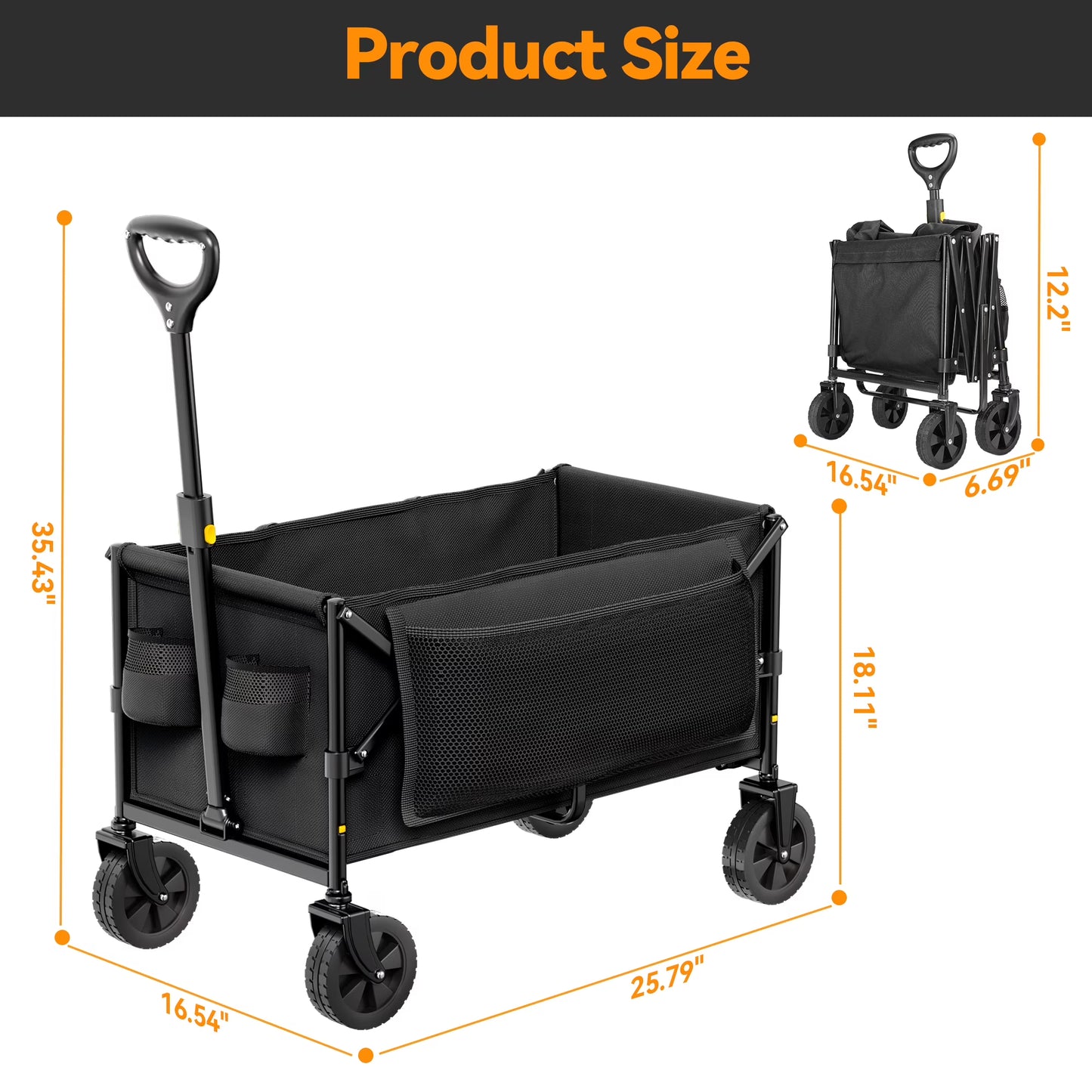Vecukty Collapsible Folding Wagon,Portable Utility Wagon Cart for Outdoor Camping, Shopping, Sports, Grocery, Kids, Black