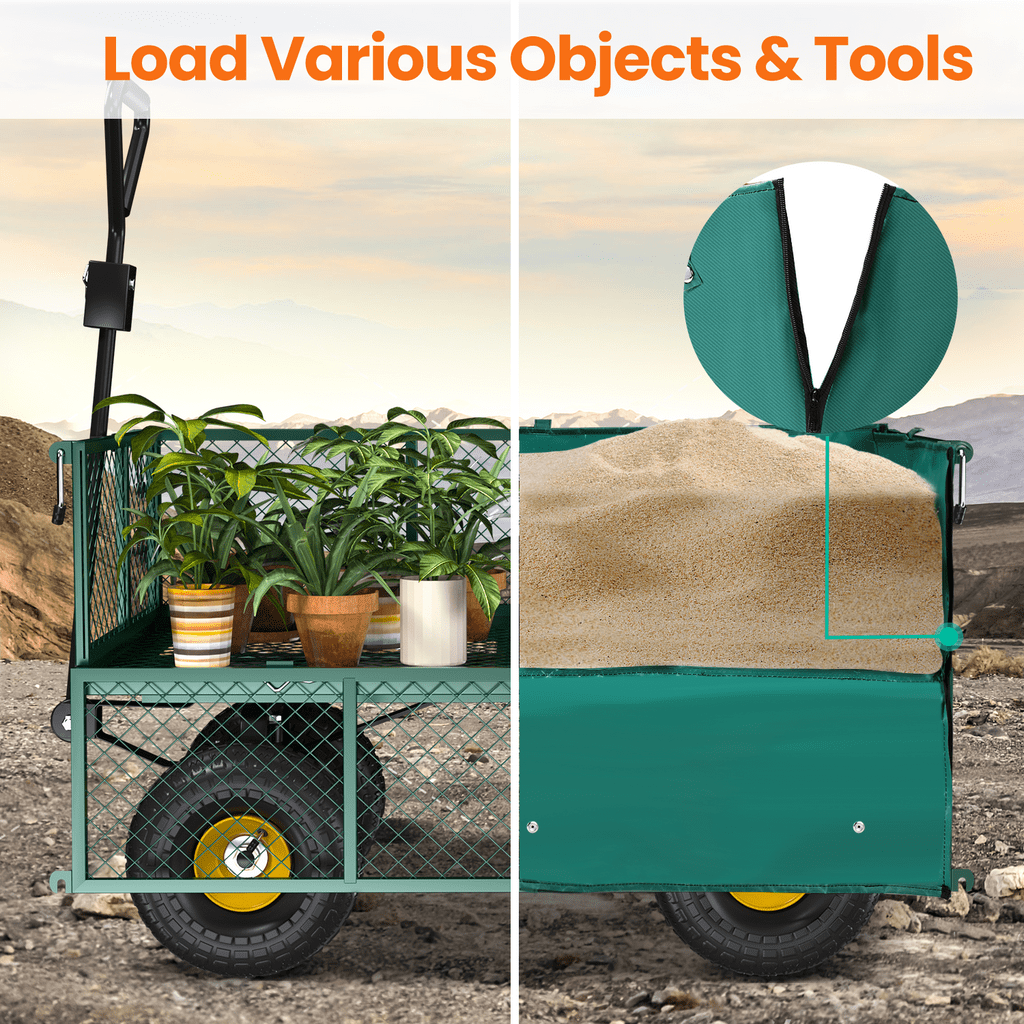 VECUKTY Heavy Duty Steel Dump Garden Cart with Liner, 900lbs Capacity Folding Utility Metal Wagon 3 Cu ft 10" Wheel, Green