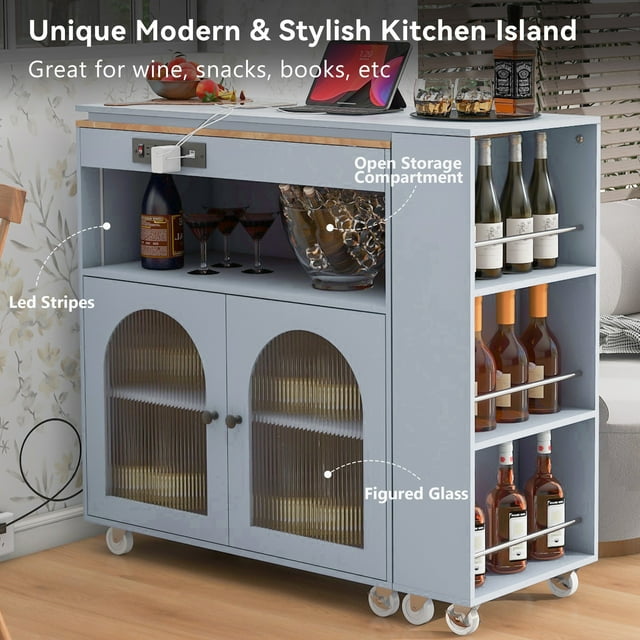 TCISA Rolling Kitchen Island Cart Extendable Table With Fluted Glass Doors, LED Lights & Power Outlets,Sky Blue