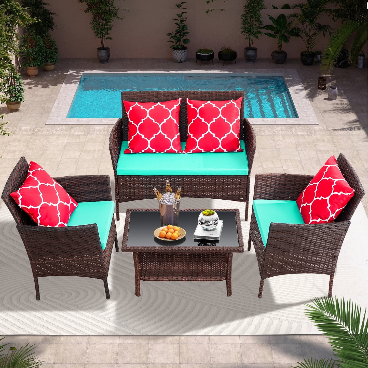 Brefac 4 PCS Patio Furniture Set with Throw Pillows Upholstered Sofa Table for Patio Backyard,Turquoise