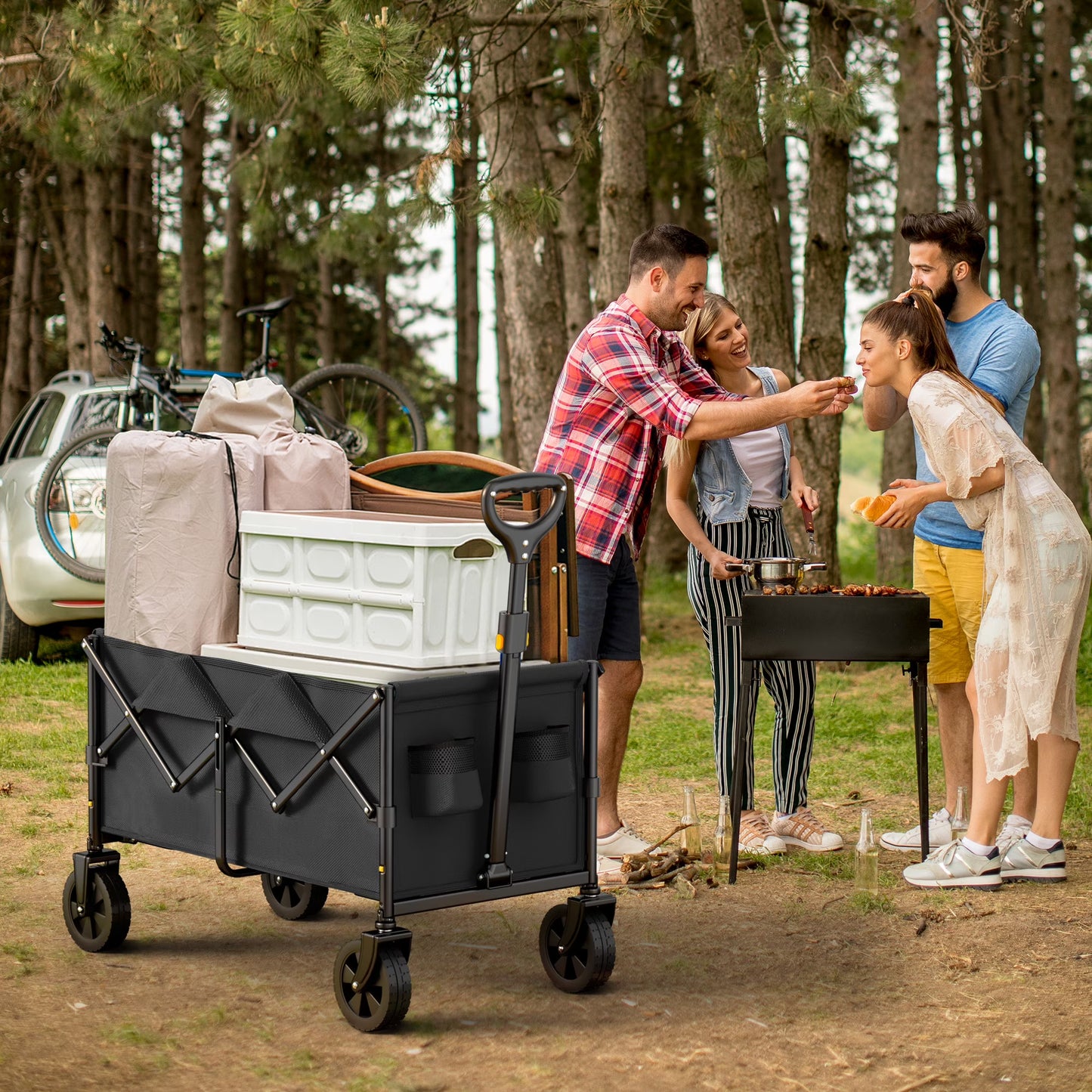 Vecukty Collapsible Folding Wagon,Portable Utility Wagon Cart for Outdoor Camping, Shopping, Sports, Grocery, Kids, Black