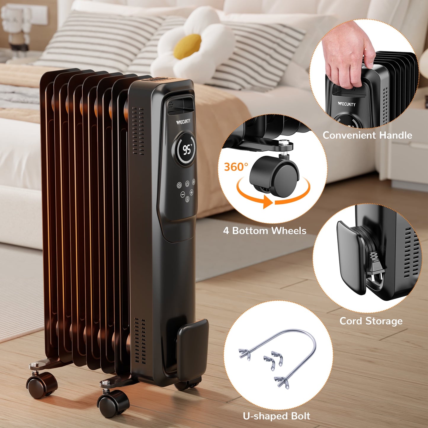 VECUKTY 1500W Oil Radiator Heater, Electric Oil Filled Space Heater Radiator with Remote Control,Child Lock,3 Modes,Overheat & Tip-Over Protection，24h Timer Digital Thermostat,Black