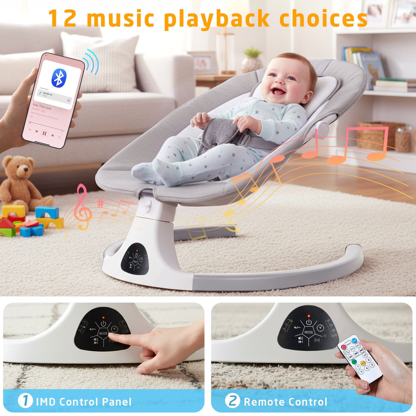 SACVON Baby Swing with Bluetooth Music & Remote, 5-Speed Portable Rocker for Indoor Outdoor Use, Gray