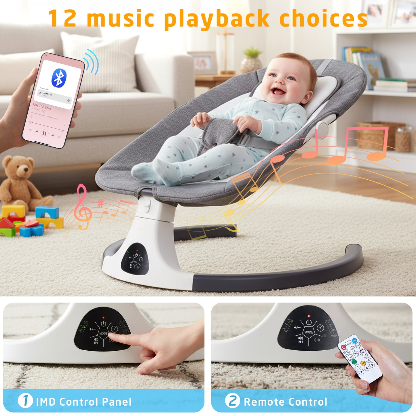 SACVON Baby Swing with Bluetooth Music & Remote, 5-Speed Portable for 0-6 Month Indoor Outdoor Use,Dark Gray