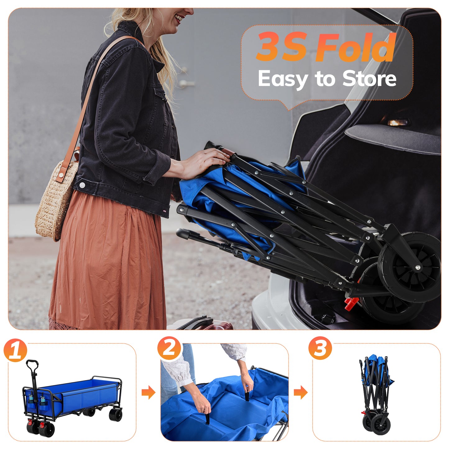 Vecukty 51.2" Large Collapsible Folding Wagon Cart, 560 lbs Load Capacity, Heavy-Duty Steel Frame & Oversized Wheels for Grocery Shopping, Camping, Sports, Moving – Blue