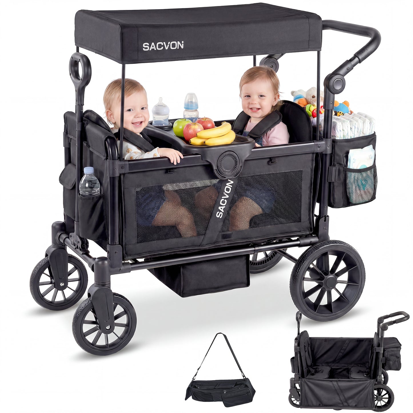 SACVON 2-Seater Stroller Wagon with Side Entry, Canopy & Snack Tray, Includes Removable Storage Bag That Converts to a Backpack-Black