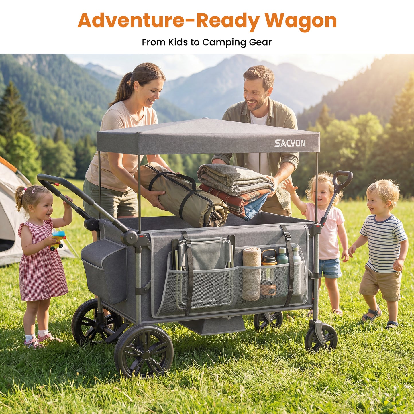 SACVON Stroller Wagon for 4 Kids with 5-Point Harnesses,Detachable Seats Stroller Wagon 4 Seater for Garden,Removable Canopy,Adjustable Handles,Camping Trips,Gray
