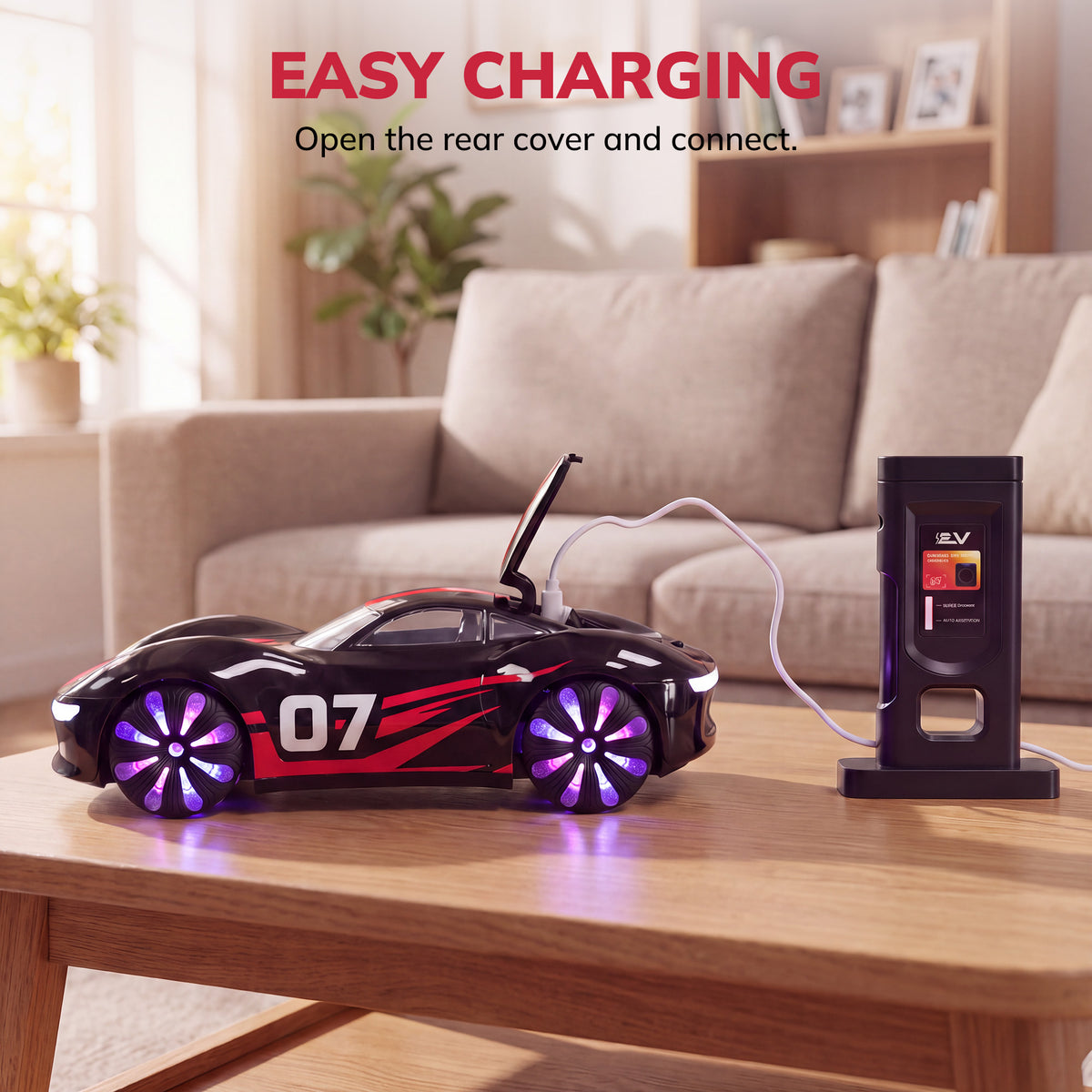 Vecukty RC Drift Stunt Car, 2.4G Remote Control Racing Car with Dual Mist Effect, LED Light Wheels, 360 Spinning & EV Charging Station