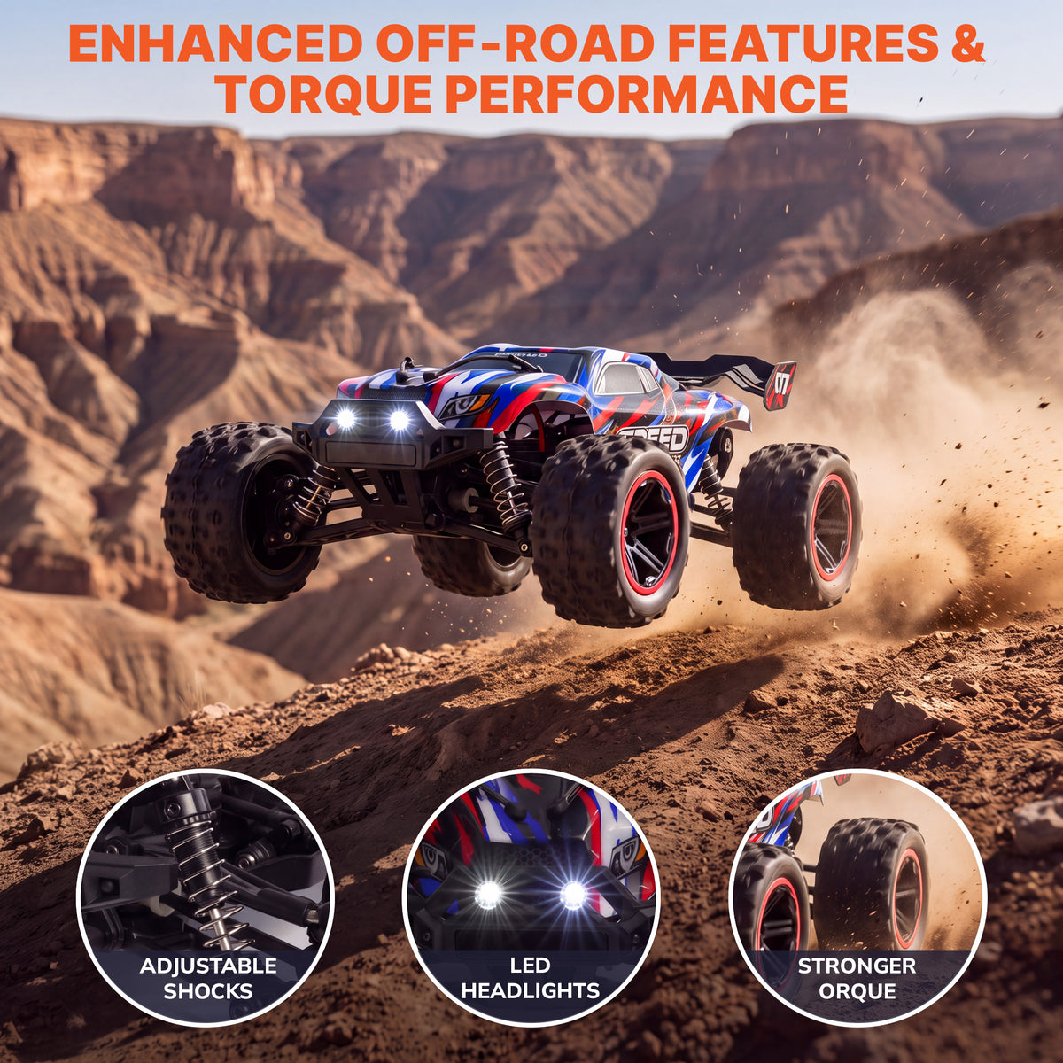Vecukty 1:14 Scale 4WD RC Off-Road Truck, 40 KM/H High Speed Vehicle, Water Resistant, Dual 7.4V 1500mAh Batteries, 2.4GHz Remote Control with LED Lights