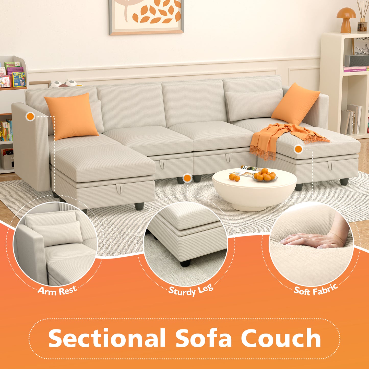 Eunon Modular Sectional Couch with Storage U Shape Chenille Sectional Couch With Reversible Adjustable Ergonomic Chaises,Beige