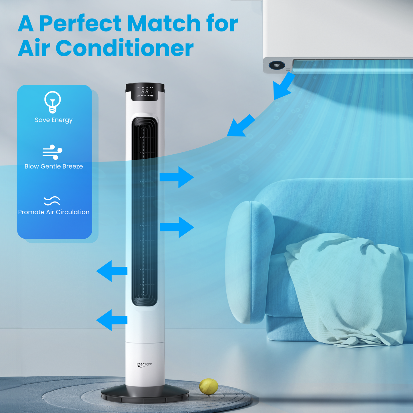 Keenstone Tower Fan for Bedroom, 38 inches Bladeless Fan with Remote Control, 75° Oscillating Fan, Quiet Floor Fan, 3 Speeds 3 Modes, 7.5H Timer, Standing Fan for Home Living Room Office - White