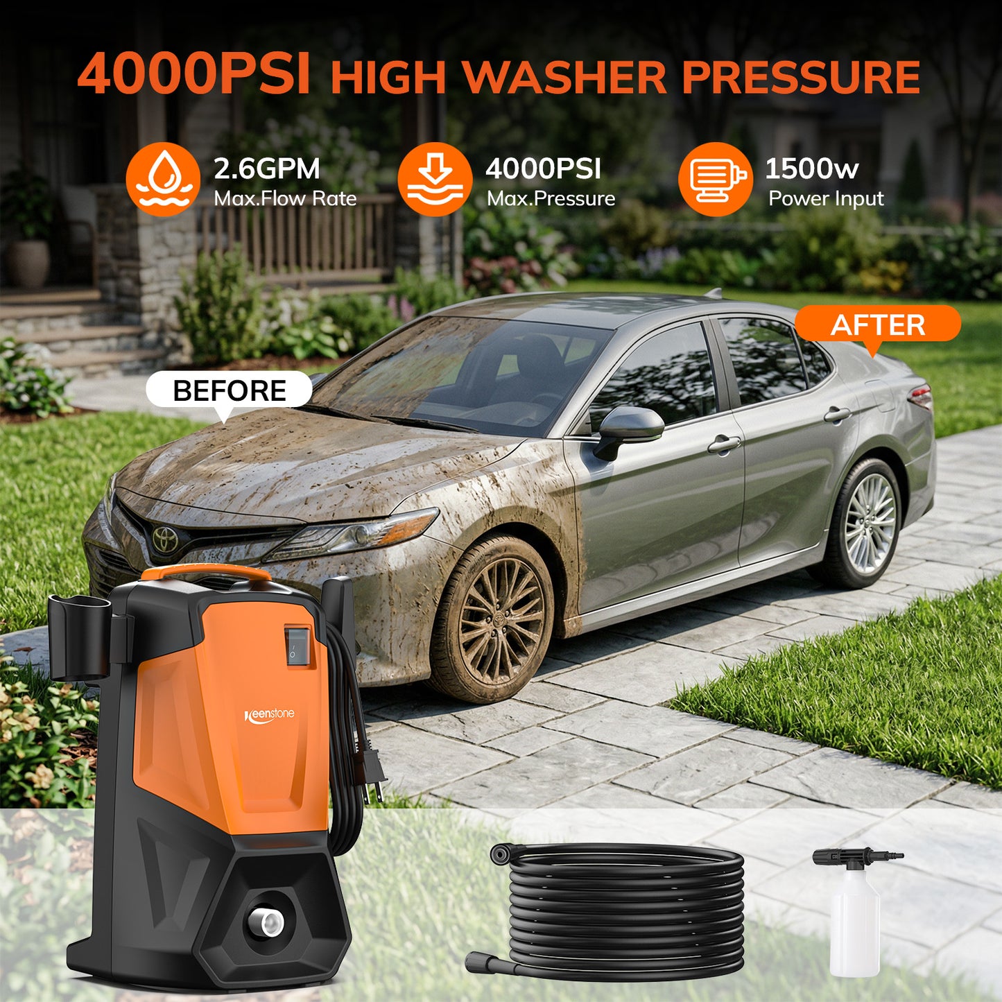 Keenstone 1500W Electric Pressure Washer 4000PSI Max 2.6 GPM with Adjustable Nozzle 0-120°,Power Cleaning Machine with Foam Cannon, Portable to Clean Patios, Cars, Fences, Driveways