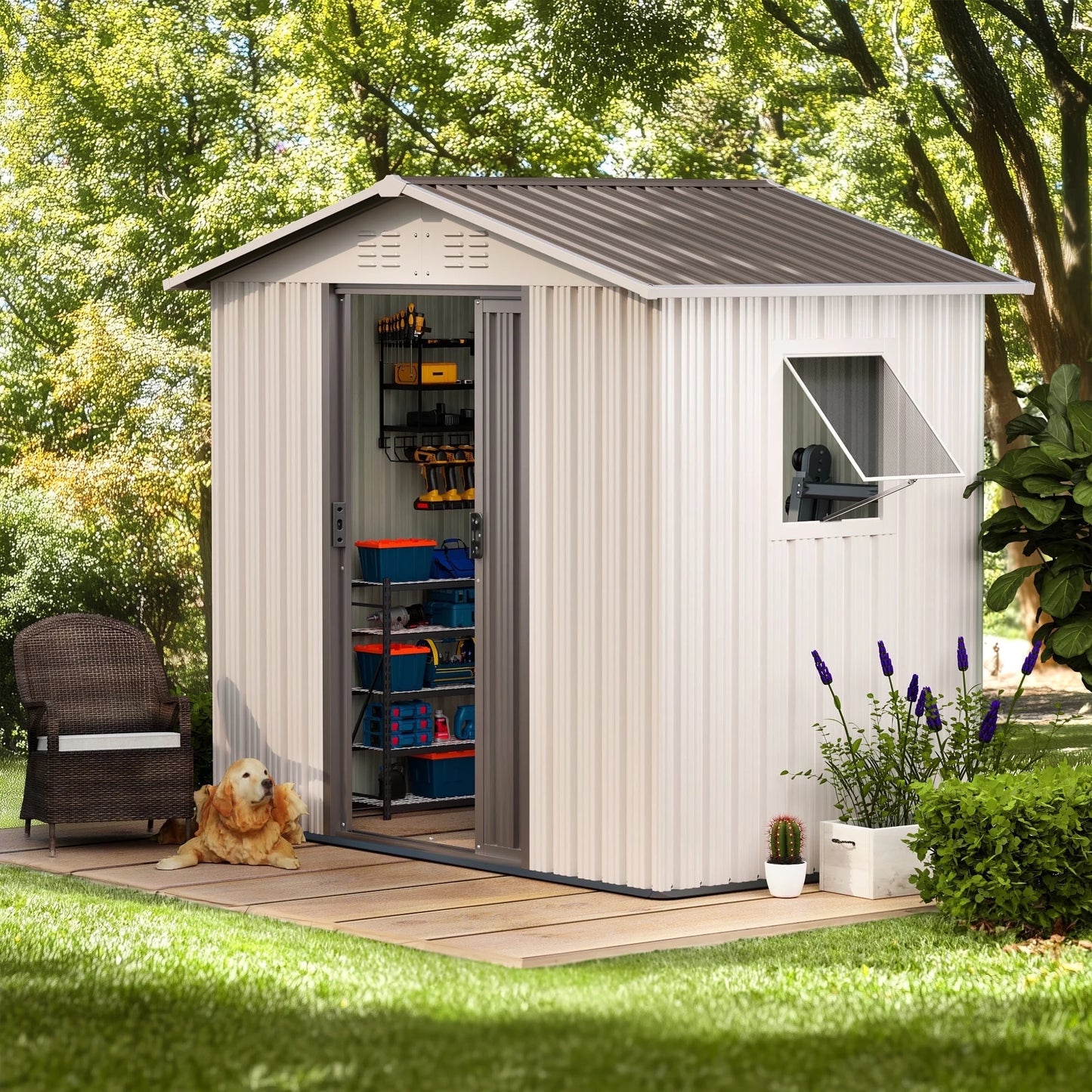 6x4 Outdoor Steel Storage Sheds, Metal Tool Outdoor Shed,With Windows& Air Vent&Gloves,for Backyard,Garden,Lawn,Creamy white