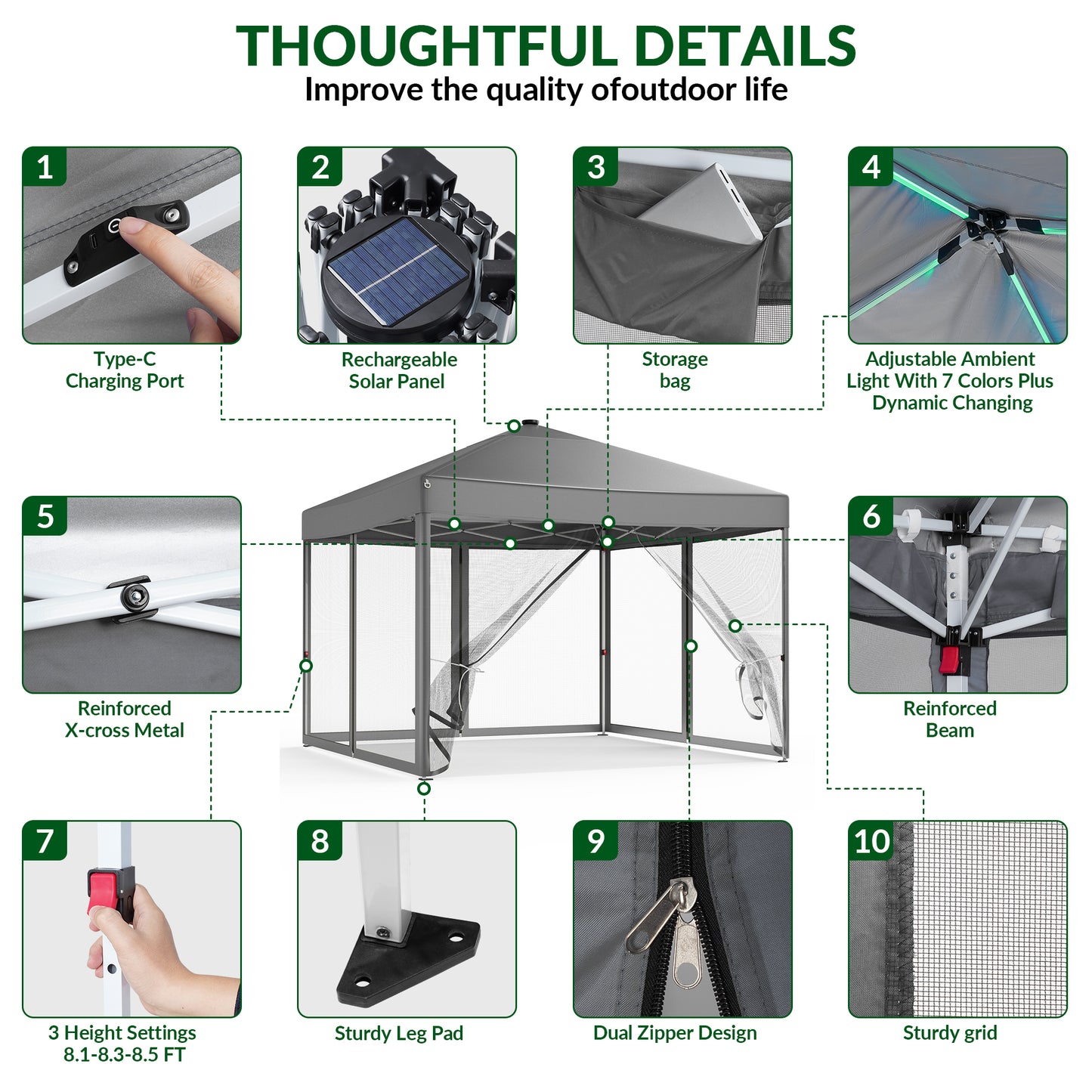 Vecukty 10x10ft Pop Up Canopy Tent with Removable Mesh Mosquito Sidewalls, Remote-Controlled 8-Color LED Lights ,Instant Outdoor Shelter Gazebo Tent,Gray