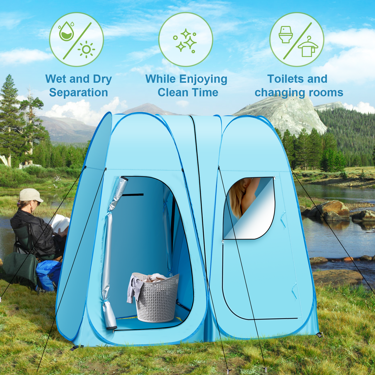 Pop Up Shower Tent, Vecukty 94.5x47.2x78.7inch Upgrade Double Privacy Tent, Porta-Potty Tent,Blue