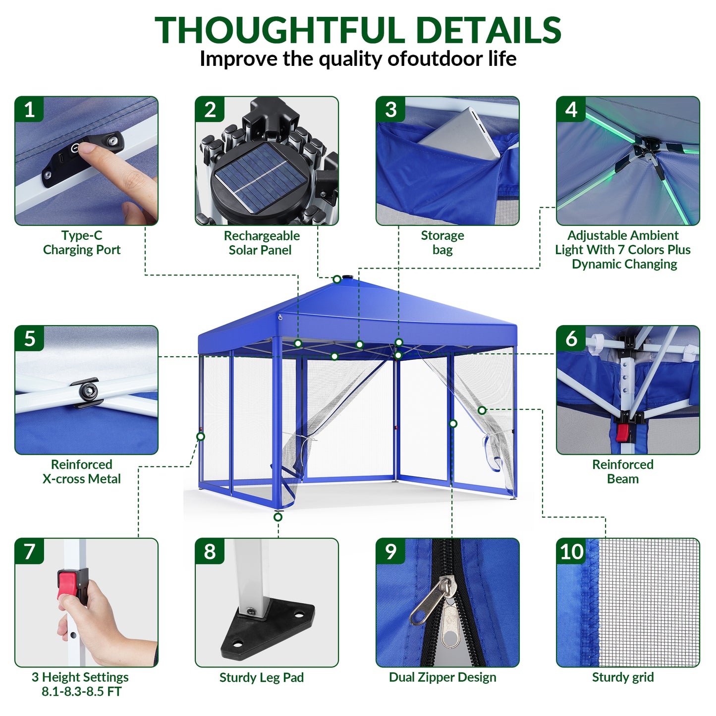 Vecukty 10x10ft Pop Up Canopy Tent with Removable Mesh Mosquito Sidewalls, Remote-Controlled 8-Color LED Lights ,Instant Outdoor Shelter Gazebo Tent,Blue