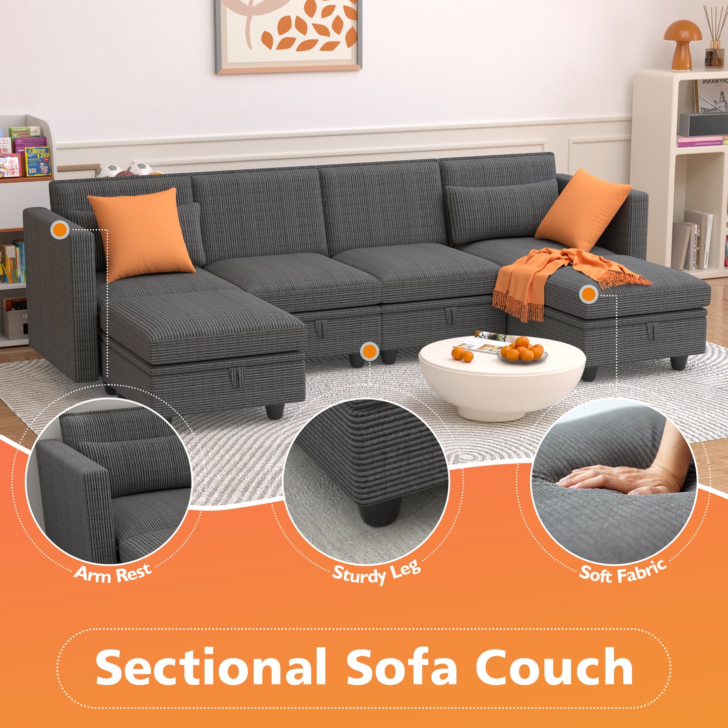 Eunon Modular Sectional Couch with Storage U Shape Chenille Sectional Couch With Reversible Adjustable Ergonomic Chaises , Gray