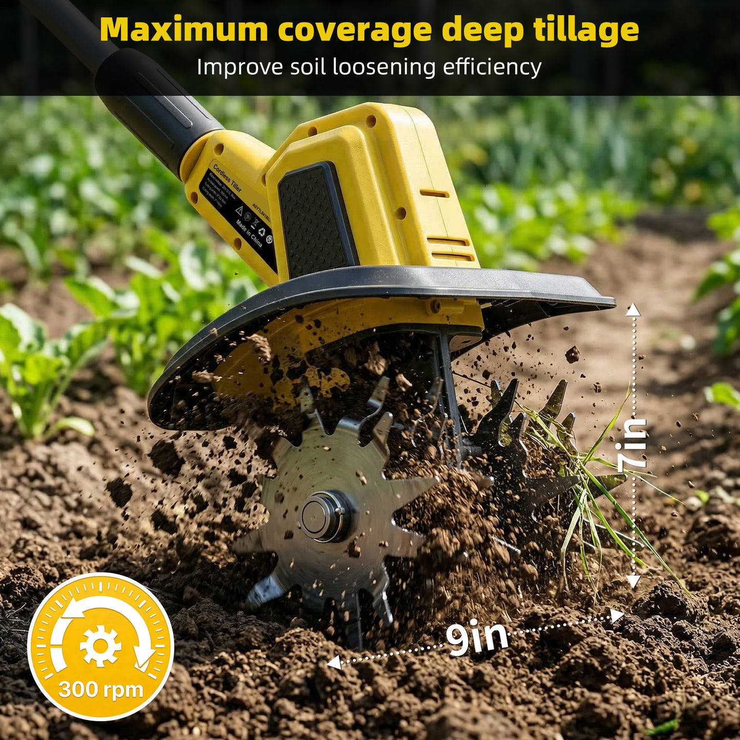 TCISA 20V Cordless Electric Tiller, 9-Inch Width, 300 RPM Battery Powered Garden Cultivator for Soil Tilling and Weeding