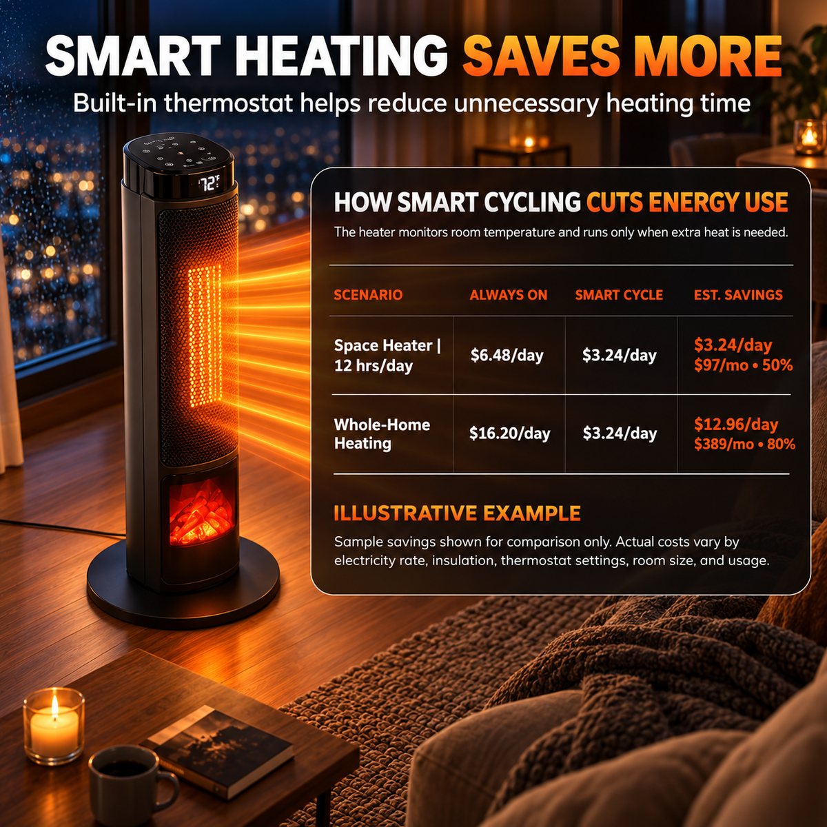 Vecukty Tower Space Heater with 3D Flame, 1500W Portable Electric Heater with Remote Control, Thermostat, 12H Timer for Home Office