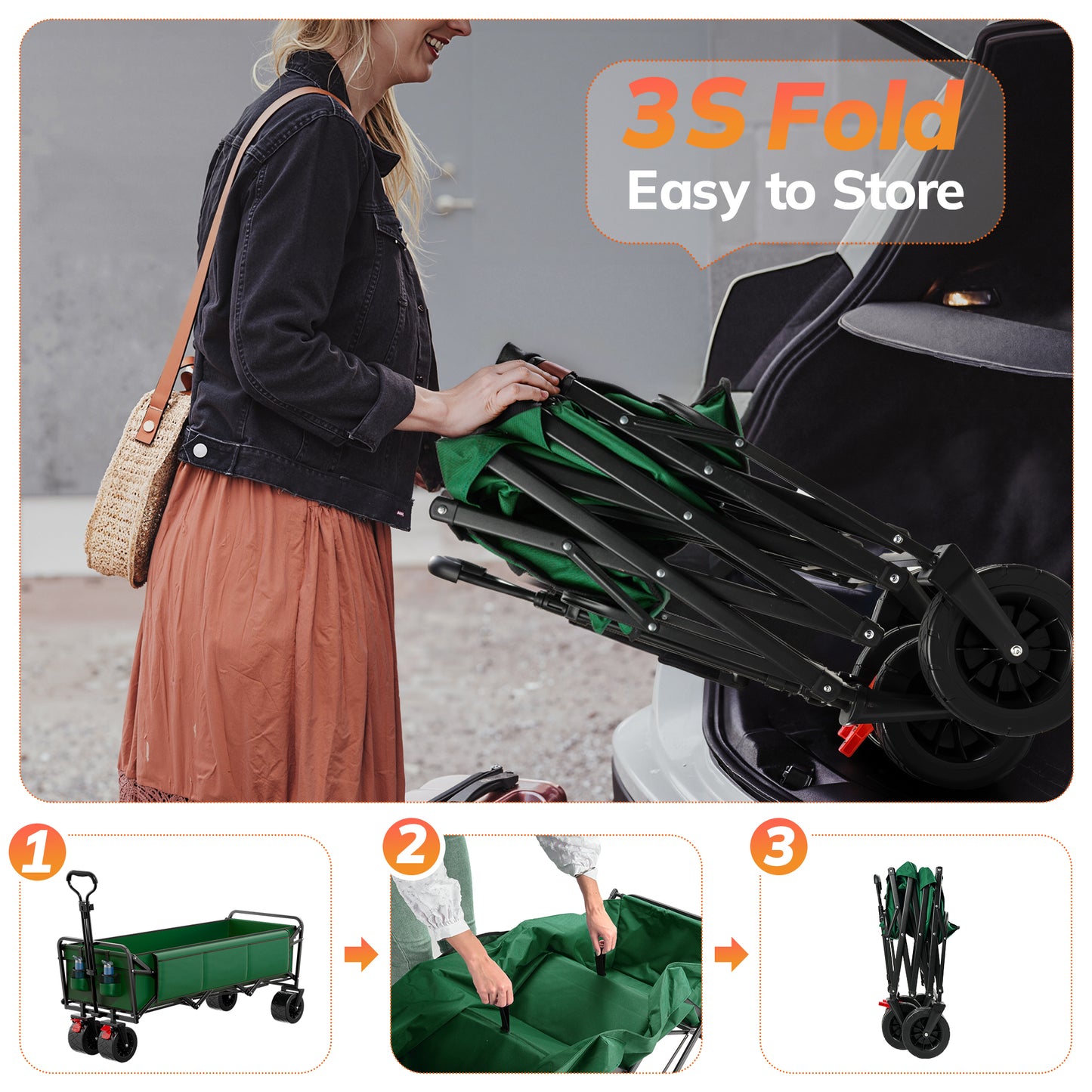 Vecukty 51.2" Large Collapsible Folding Wagon Cart, 560 lbs Load Capacity, Heavy-Duty Steel Frame & Oversized Wheels for Grocery Shopping, Camping, Sports, Moving –Green