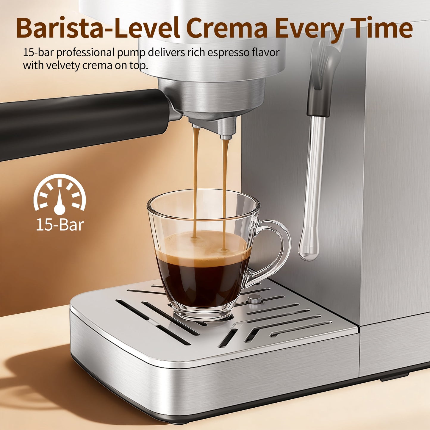 Espresso Machine 15 Bar, Milk Frother Steam Wand for Authentic Single & Double Espresso, Lattes & Cappuccinos with 47oz Removable Water Tank for Home Office Kitchen
