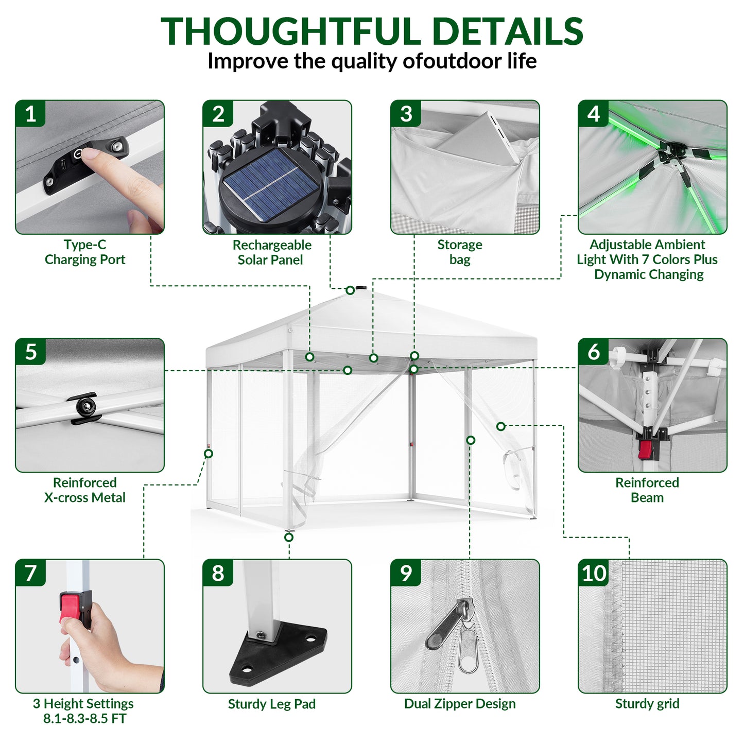 Vecukty 10x10ft Pop Up Canopy Tent with Removable Mesh Mosquito Sidewalls, Remote-Controlled 8-Color LED Lights ,Instant Outdoor Shelter Gazebo Tent, White