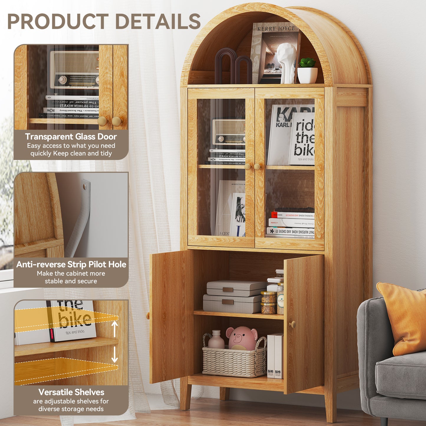 Eunon Tall Arched Storage Display Cabinet,Arched Storage Cabinet With Doors Retro Oak