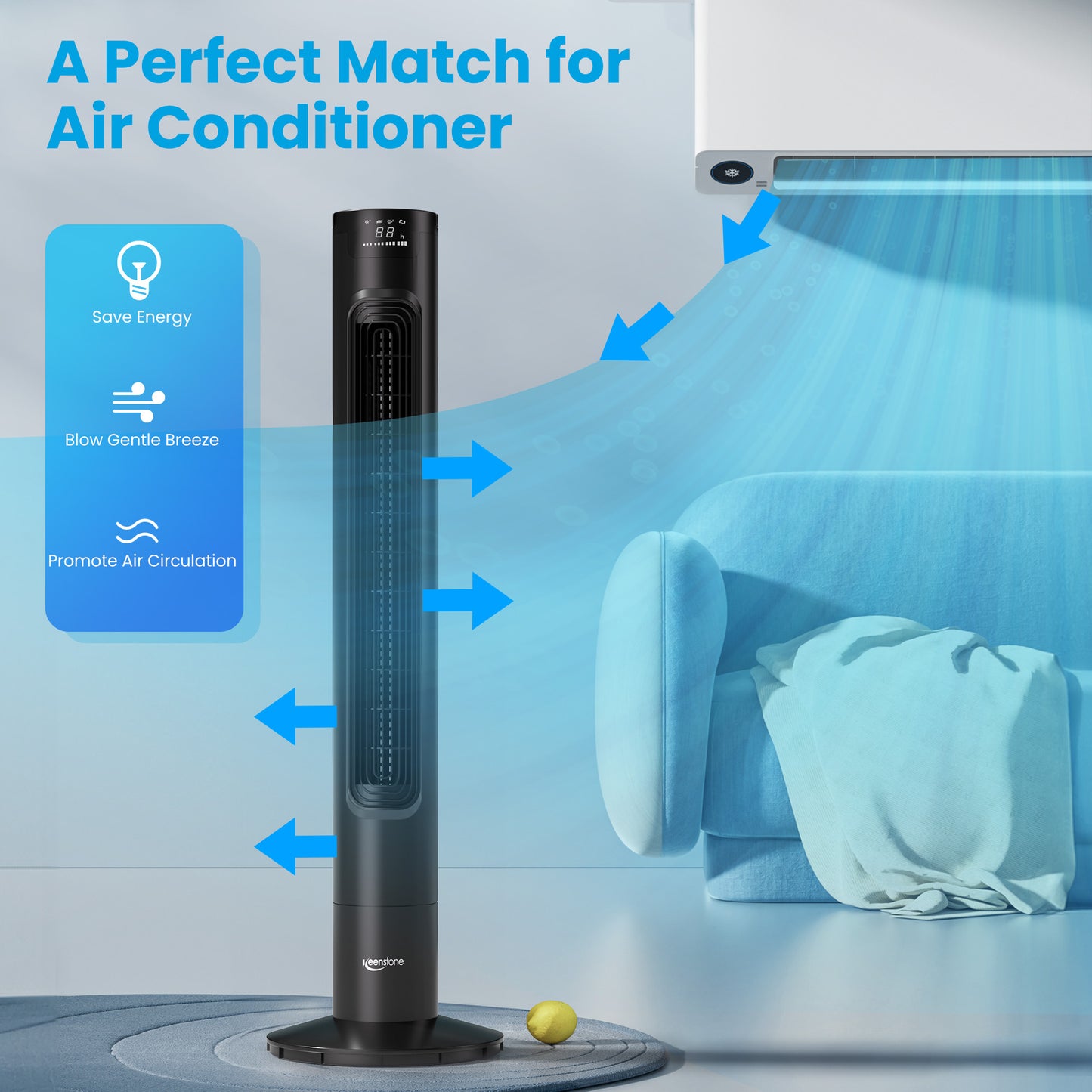Keenstone Tower Fan for Bedroom, 38 Inch Bladeless Fan, 75° Oscillating Fan, Quiet Floor Fan with Remote, LED Display, 3 Speeds 3 Modes, 7.5H Timer, Standing Fans for Home Living Room Office - Black