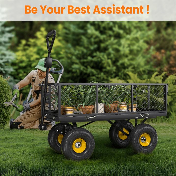 VECUKTY Heavy Duty Steel Dump Garden Cart with Liner, 900lbs Wagon 3 Cu ft 10" Wheel, Black