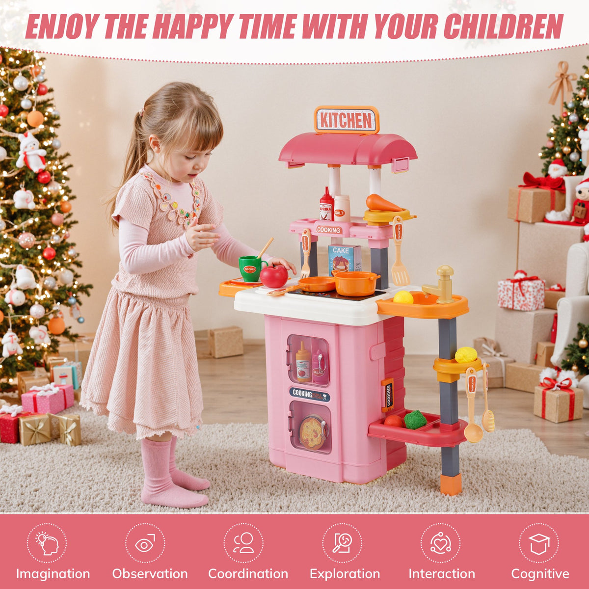 Vecukty 49Pcs Pretend Play Kitchen Set for Kids, Toy Cooking Set with Kitchen Accessories, Gift for Toddlers Girls Boys