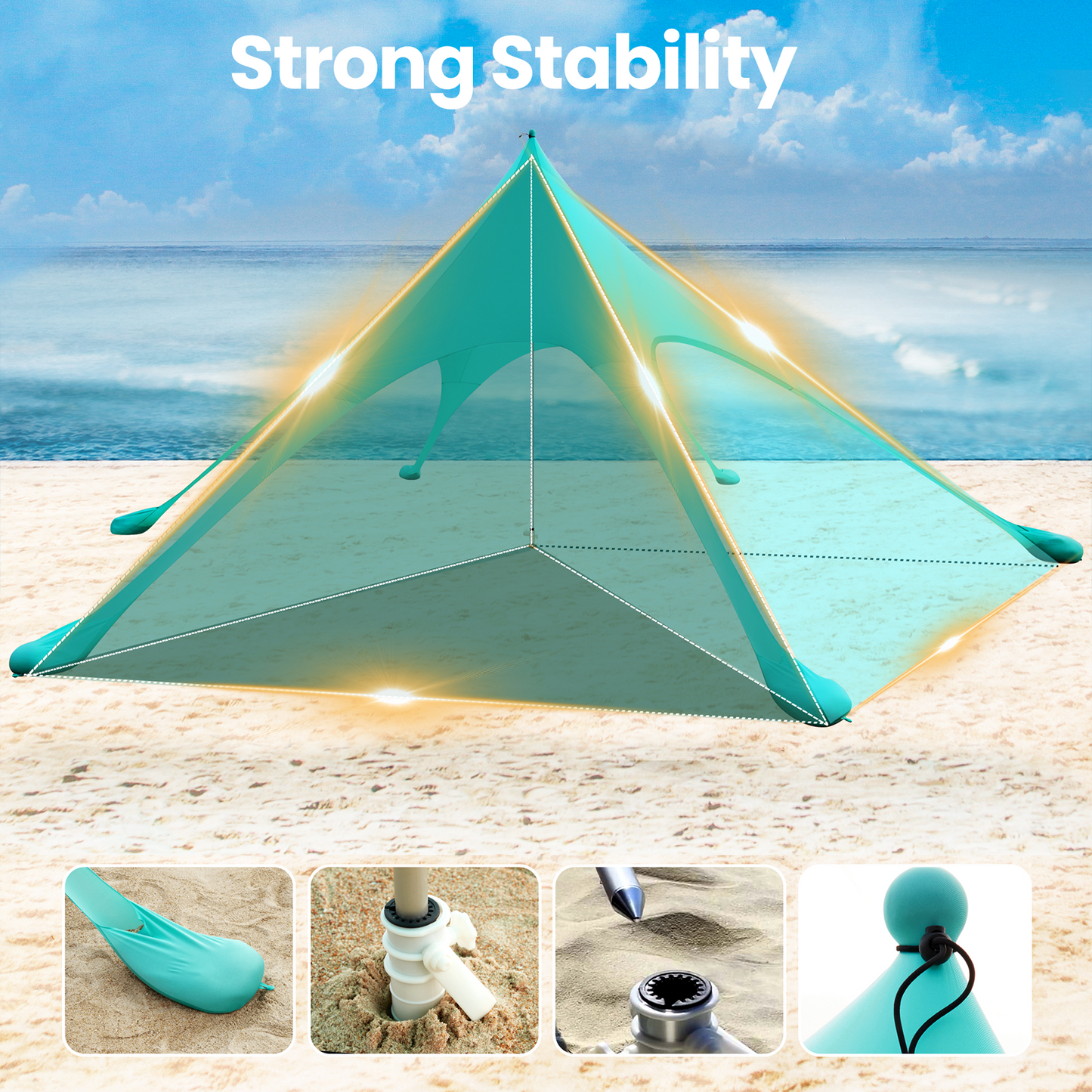 Beach Canopy Tent Sun Shade, VECUKTY 12x12 FT Beach Tent Sun Shelter UPF 50+ UV Protection with Sandbags , 1 Stability Poles and Ground Pegs and Anti-Wind Ropes,Turquoise