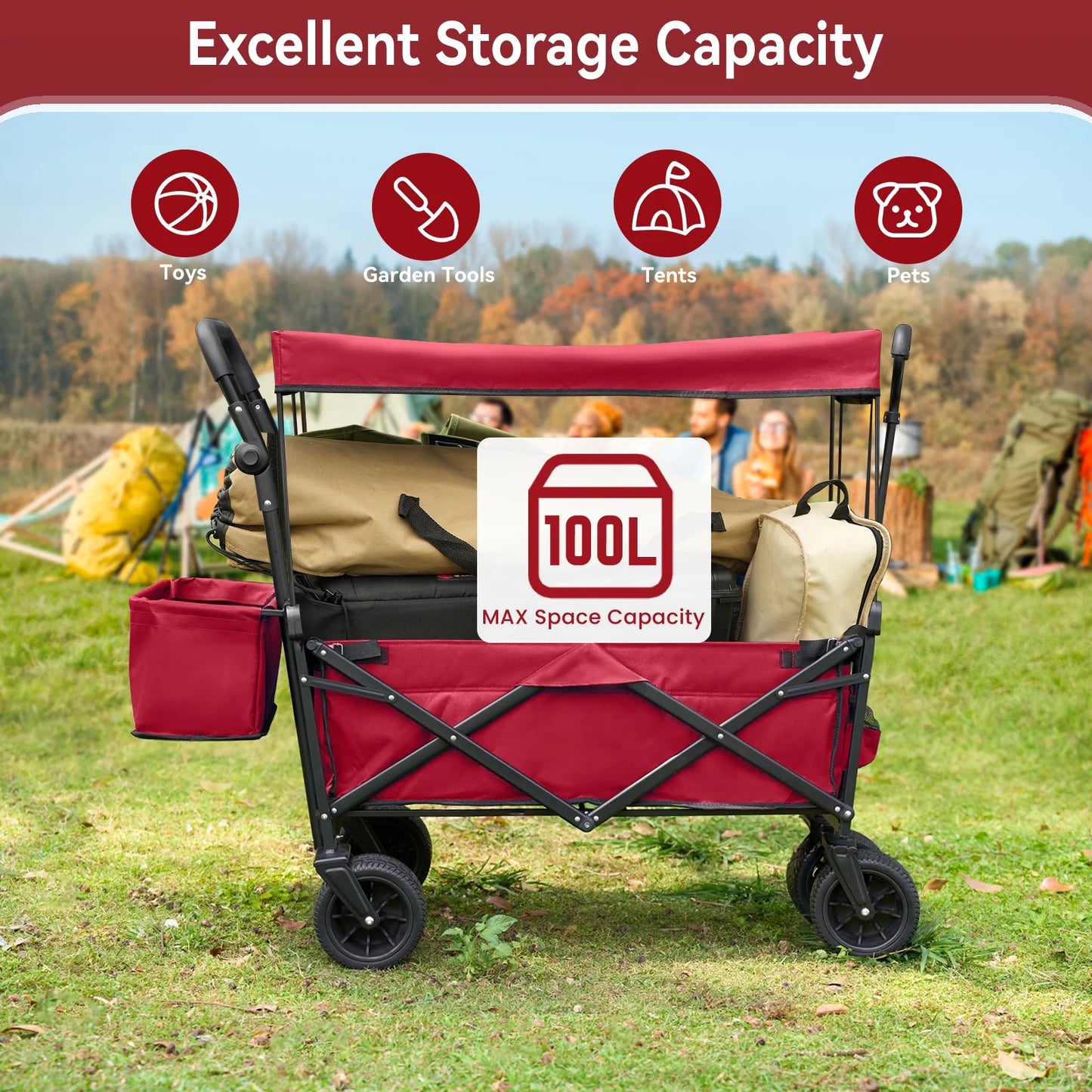 VECUKTY Collapsible Garden Wagon Cart with Removable Canopy Red