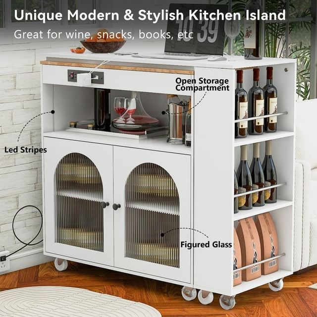 TCISA Rolling Kitchen Island Cart Extendable Table With Fluted Glass Doors, LED Lights & Power Outlets,White