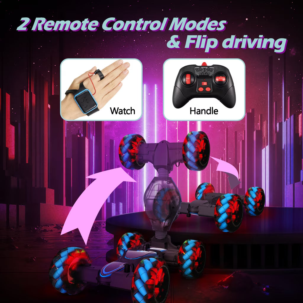 Vecukty 1:10 RC Twisting Stunt Car with Giant Wheels, Water Mist Function, Lights and Music, 2.4GHz Remote Control Toy Car, Blue