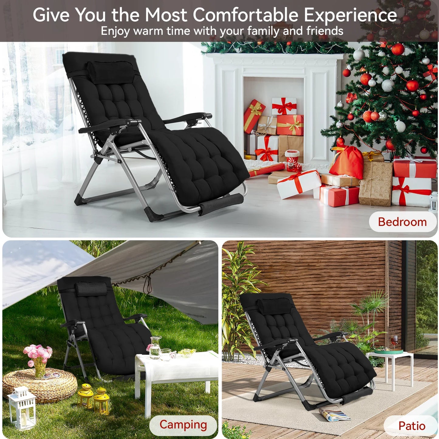 VECUKTY XXL Oversize Zero Gravity Chair - 500lb Capacity, 33-Inch Wide Padded Seat, Folding Travel Recliner for Outdoor / Indoor Use - Patio, Lawn, Black, Portable and Heavy Duty