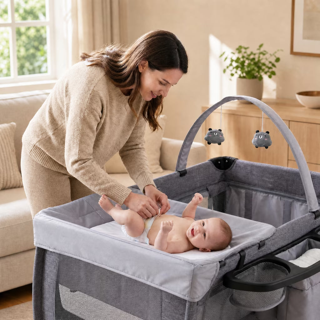 SACVON Baby Playard with Detachable Infant Bassinet and Changing Table, Foldable Travel Play Yard with Storage Basket and Wheels, Gray