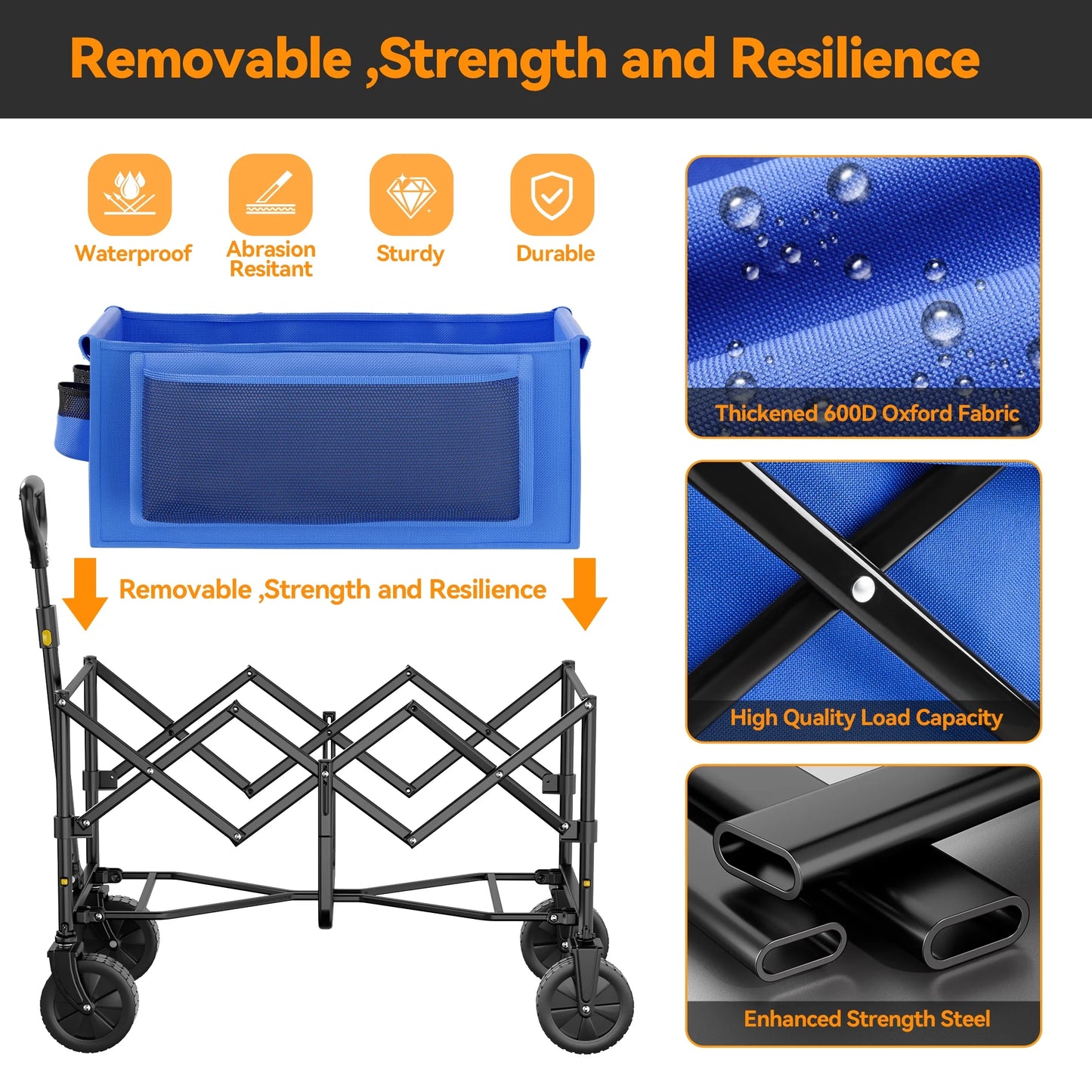 Vecukty Collapsible Folding Wagon,Portable Utility Wagon Cart for Outdoor Camping, Shopping, Sports, Grocery, Kids, Blue