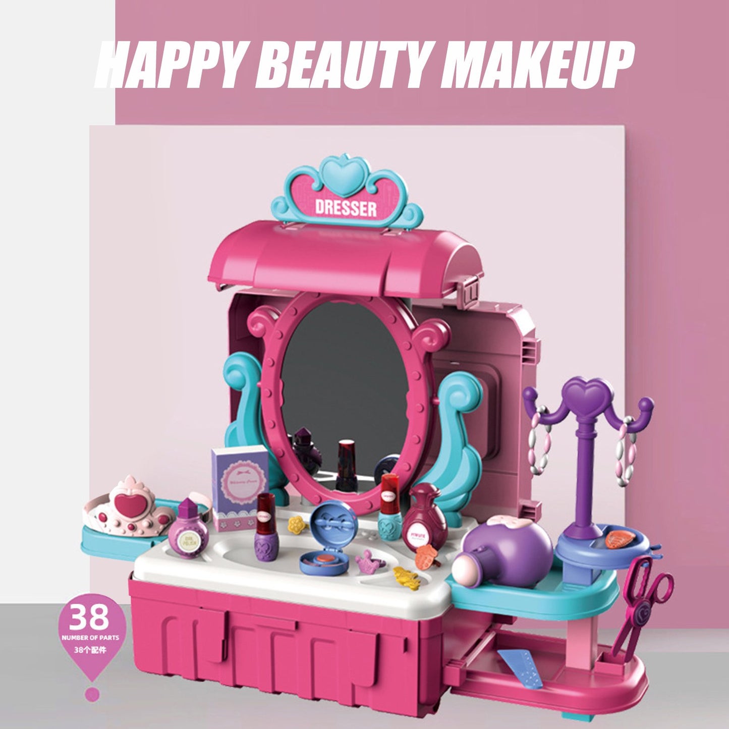 Vecukty 39Pcs Pretend Makeup Play Set, Kids Vanity with Mirror and Beauty Accessories, Princess Dresser Role Play Toy, Fashion Christmas Birthday Gift
