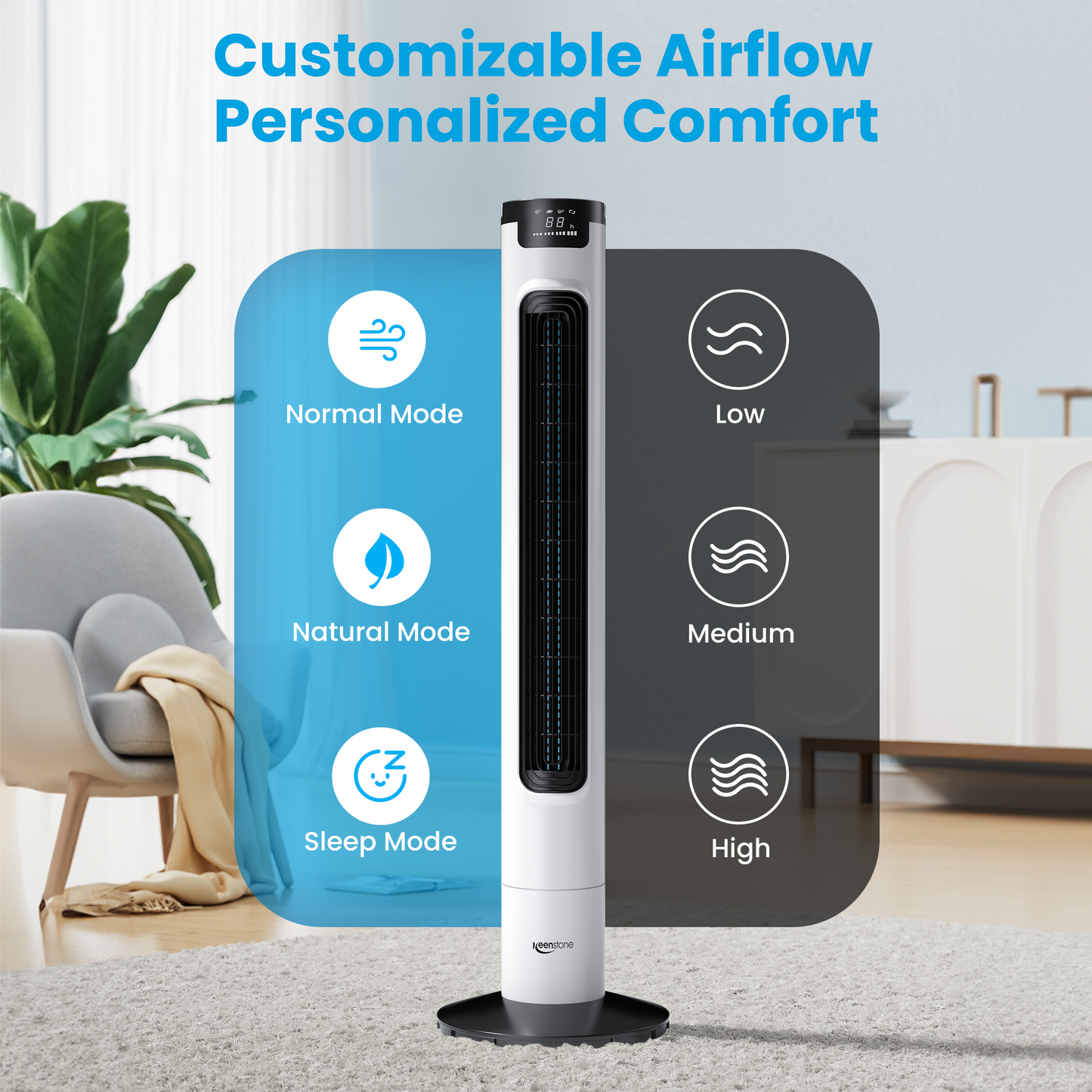 Keenstone Tower Fan for Bedroom, 38 inches Bladeless Fan with Remote Control, 75° Oscillating Fan, Quiet Floor Fan, 3 Speeds 3 Modes, 7.5H Timer, Standing Fan for Home Living Room Office - White